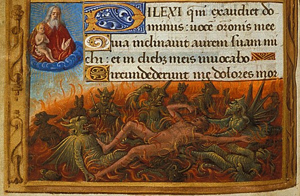 Book of Hours, Detail: Dives tormented by demons and watched by the soul of Lazarus, c. 1500. Artist: Poyet, Jean (active 1483-1497)