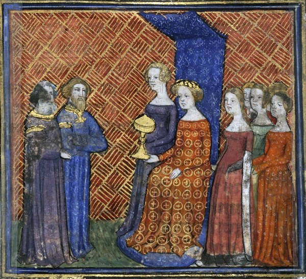 King Solomon Receiving the Queen of Sheba (from the Bible historiale by Guiart des Moulins), 1400-1415. Artist: Virgil Master (active 1380-1420)