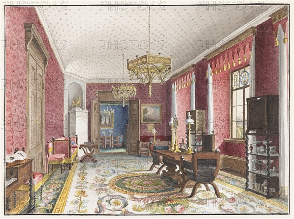 The Red Room, Schloss Fischbach, c. 1846. Artist: Klose, Friedrich Wilhelm (1804-1863)