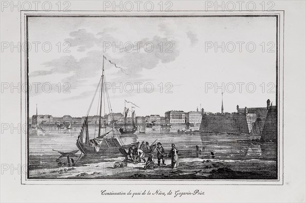 The Petrovsky quay in St. Petersburg, the so-called Gagarinsky brawler (Series Views of Saint Petersburg), 1820s. Artist: Pluchart, Alexander (1777-1827)