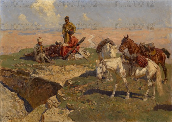 Caucasian Riders at Rest, 1917. Artist: Roubaud, Franz (1856-1928)