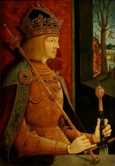 Emperor Maximilian I (1459-1519), with crown, sceptre, and sword, c. 1500. Artist: Strigel, Bernhard (ca 1460-1528)