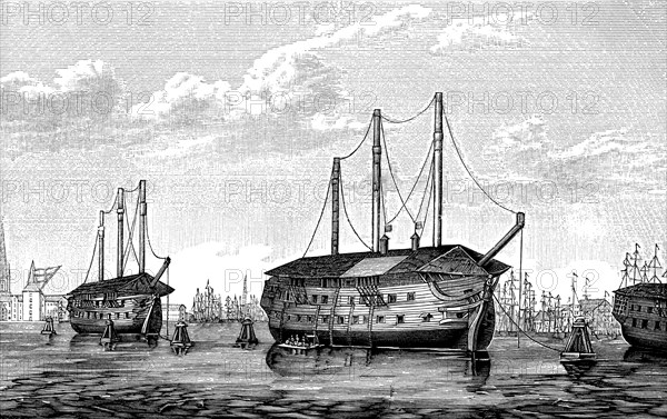 The Danish prison-ships Dronning Maria and Waldemar at Copenhagen, 1848-1849. Artist: Anonymous