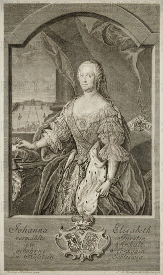 Portrait of Johanna-Elizabeth, Electress of Anhalt-Zerbst (1712-1760), Mother of Catherine II, 1756. Artist: Bernigeroth, Johann Martin (1713-1767)