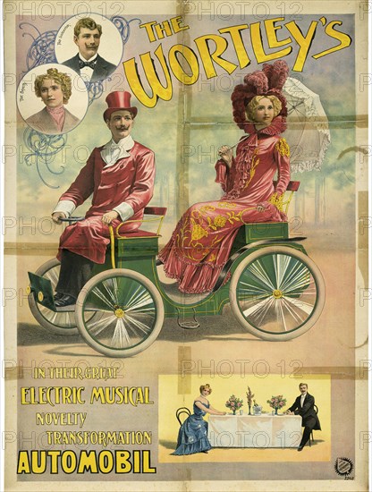 The Wortley's in their great electric musical novelty transformation Automobil, 1896. Artist: Friedländer, Adolph (1851-1904)