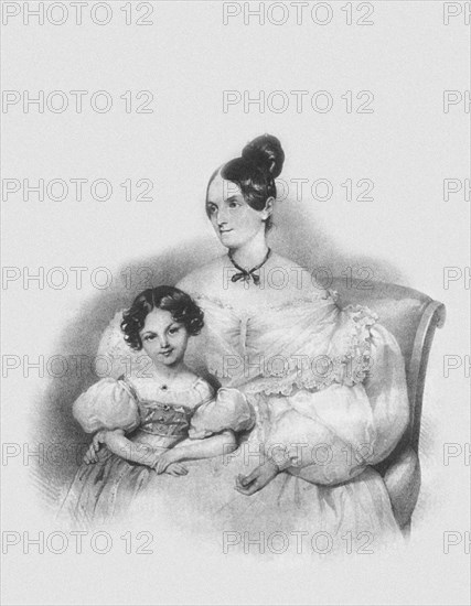 Portrait of Olga Narychkina (Potocki) with their daughter Sophie (1802-1861), 1835. Artist: Kriehuber, Josef (1800-1876)