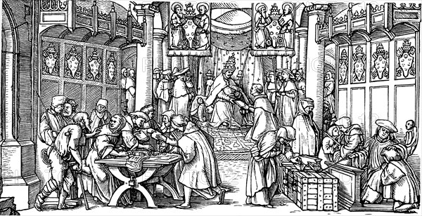 The sale of indulgences (Detail). Artist: Lützelburger, Hans (?-1526)