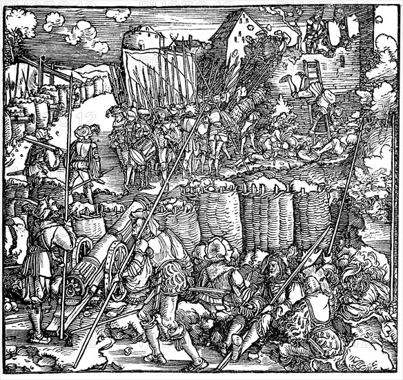 Siege of a fortress. Illustration from the book Phisicke Against Fortune by Petrarch, 1532. Artist: Weiditz, Hans, the Younger (c. 1500-1536)