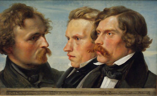 Young Düsseldorf. Group portrait of the painters Karl Friedrich Lessing, Carl Ferdinand Sohn and Theodor Hildebrandt, 1839. Artist: Huebner, Julius (1806-1882)