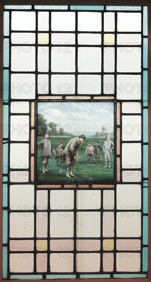 A Late Victorian Leaded Glass Window With The Golfers, c. 1890. Artist: Brock, Charles Edmund (1870-1938)