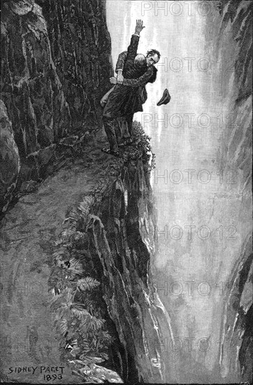 Holmes and Moriarty fighting over the Reichenbach Falls. Illustration for the short story The Final Problem by Arthur Conan Do, 1896. Artist: Paget, Sidney Edward (1860-1908)