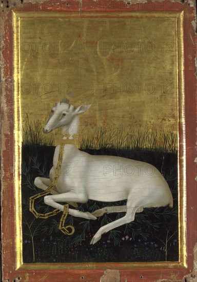 A white hart chained with a crown around its neck (The outside panel of the Wilton Diptych), Between 1395 and 1399. Artist: Wilton Master (active 1395 - 1399)