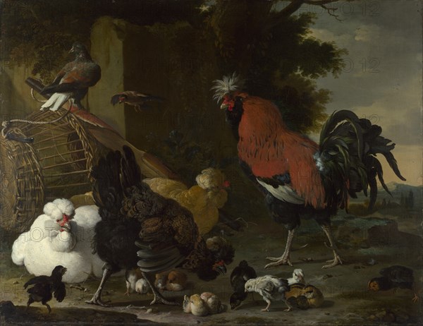 A Cock, Hens and Chicks, ca 1668-1670. Artist: Hondecoeter, Melchior de (1636-1695)