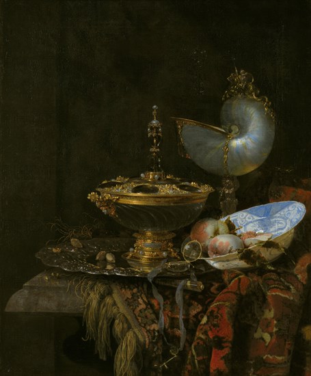 Pronk Still Life with Holbein Bowl, Nautilus Cup, Glass Goblet and Fruit Dish, 1678. Artist: Kalf, Willem (1619-1693)