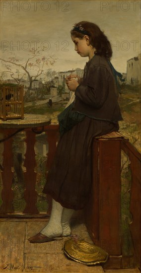 Girl knitting on a balcony, Montmartre, 1869. Artist: Maris, Jacob (1837-1899)