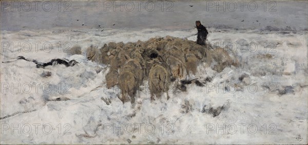 Flock of sheep with shepherd in the snow, 1887-1888. Artist: Mauve, Anton (1838-1888)