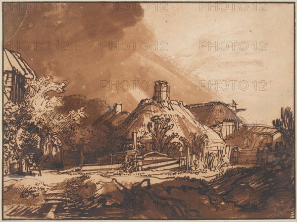 Cottages under a Stormy Sky, c. 1640. Artist: Rembrandt van Rhijn (1606-1669)