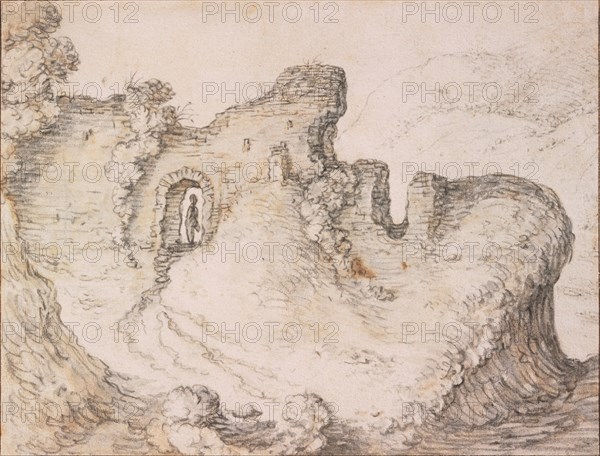 Rocky landscape with ruins, forming the profile of a man's face, c. 1650. Artist: Saftleven, Herman (1609-1685)
