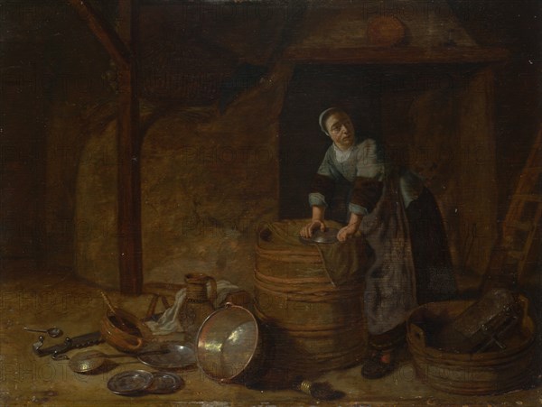 A Woman scouring a Pot, c. 1650-1660. Artist: Bosch, Pieter van den (ca. 1613-1663)