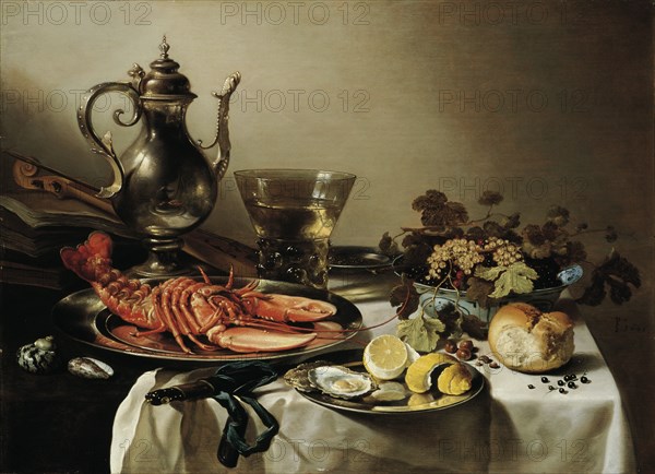 Table with lobster, silver jug, big Berkemeyer, fruit bowl, violin and books, 1641. Artist: Claesz, Pieter (c. 1597-1660)