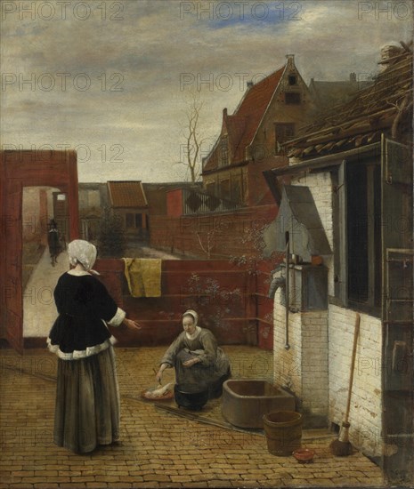 A Woman and her Maid in a Courtyard, ca 1661. Artist: Hooch, Pieter, de (1629-1684)