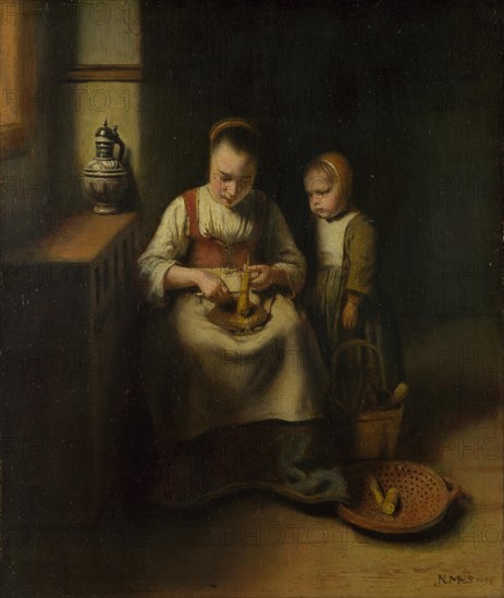 A Woman scraping Parsnips, with a Child standing by her, 1655. Artist: Maes, Nicolaes (1634-1693)