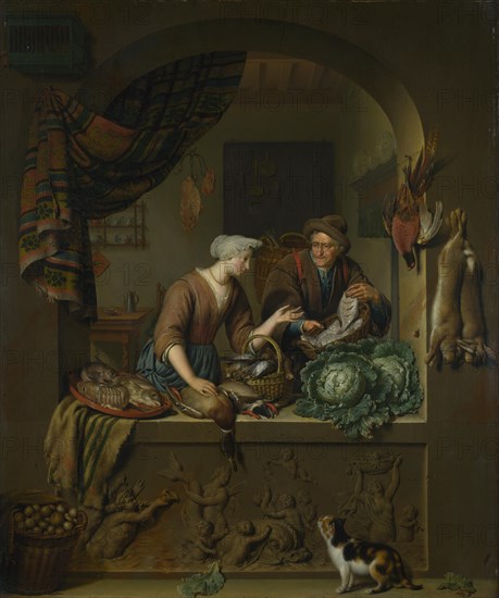 A Woman and a Fish-pedlar in a Kitchen, 1713. Artist: Mieris, Willem van (1662-1747)