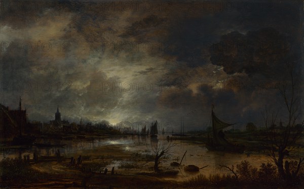 A River near a Town, by Moonlight, c. 1645. Artist: Neer, Aert, van der (1603-1677)