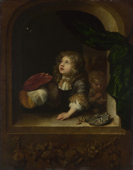 Two Boys blowing Bubbles, c. 1670. Artist: Netscher, Caspar (1639-1684)