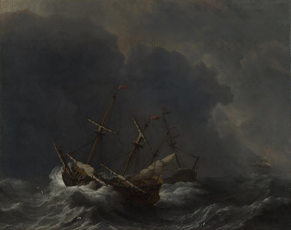 Three Ships in a Gale, 1673. Artist: Velde, Willem van de, the Younger (1633-1707)