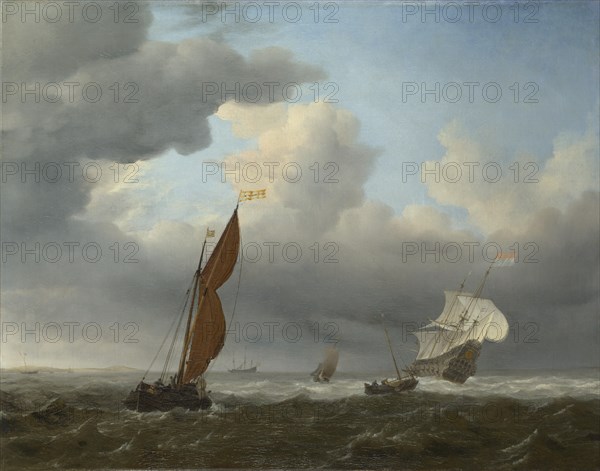 A Dutch Ship and Other Small Vessels in a Strong Breeze, 1658. Artist: Velde, Willem van de, the Younger (1633-1707)