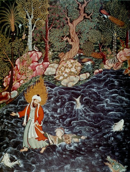 The prophet Elijah rescuing Prince Nur ad-Dahr (From the Hamzanama), 1562-1577. Artist: Mir Sayyid Ali (c. 1510-after 1572)