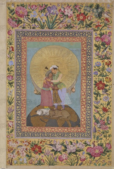 Jahangir's Dream. Abbas I, Shah of Persia (left) and Jahangir, Emperor of India, c. 1620. Artist: Abu al-Hasan (Nadir al-Zaman) (1589-c. 1630)