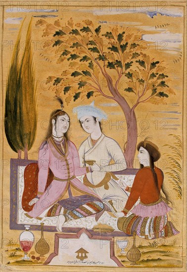 Amorous Couple and a Servant, 1696. Artist: Mu'in Musavvir (1617-1708)