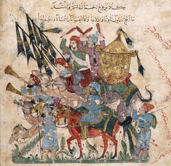 Caravan of pilgrims in Ramleh (from a manuscript of Maqâmât of al-Harîrî), 1237. Artist: Al-Wasiti, Yahya ibn Mahmud (active early 13th cen.)