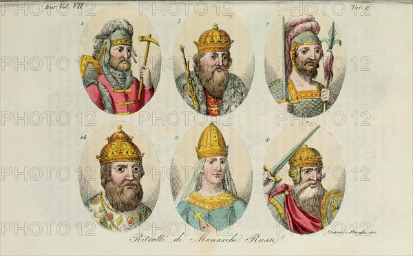 1. Rurik 2. Igor of Kiev 3. Olga 4. Sviatoslav 5. Vladimir the Great 14. Ivan IV (from Il costume antico? by Giulio Ferrario), 1831. Artist: Giarrè, Luigi (1772-1844)