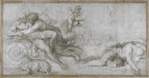 Cephalus carried off by Aurora in her Chariot (Cartoon for a fresco in the Gallery of the Palazzo Farnese, Rome), c. 1599. Artist: Carracci, Agostino (1557-1602)