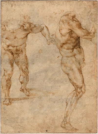 Two Nude Studies of a Man Storming Forward and Another Turning to the Right, c. 1504. Artist: Buonarroti, Michelangelo (1475-1564)