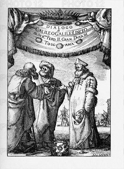 Frontispiece of the Dialogue Concerning the Two Chief World Systems by Galileo Galilei, 1632. Artist: Della Bella, Stefano (1610-1664)