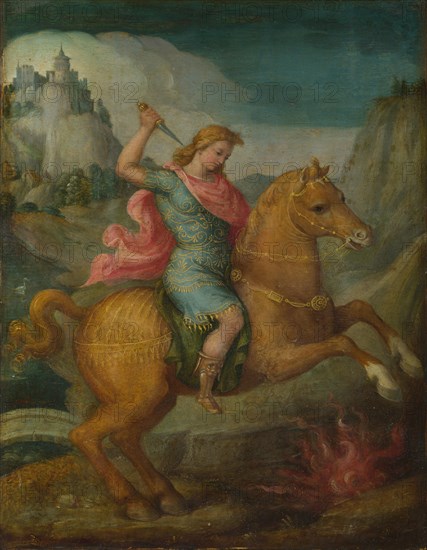 Marcus Curtius, c. 1525. Artist: Bacchiacca, Francesco (1494-1557)