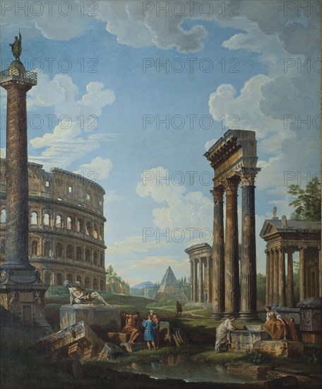 A capriccio with figures among Roman ruins including the Arch of Constantine and the Pantheon. Artist: Panini, Giovanni Paolo (1691-1765)