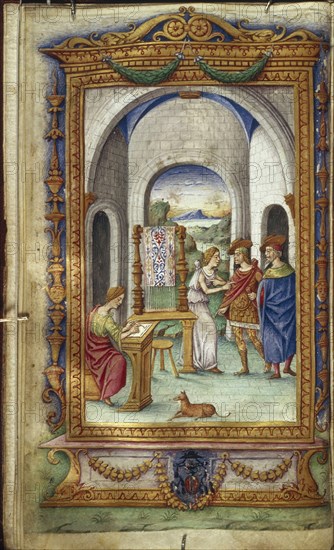 Penelope writing, Telemachus and Laertes (Illustration for The Heroides by Ovid), 1485-1499. Artist: Majorana, Cristoforo (active ca. 1480-1494)