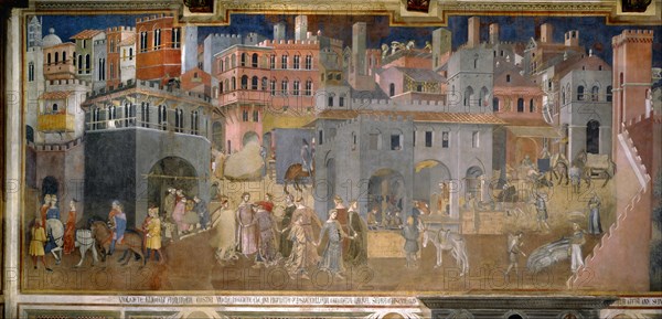 Effects of Good Government in the city (Cycle of frescoes The Allegory of the Good and Bad Government), 1338-1339. Artist: Lorenzetti, Ambrogio (ca 1290-ca 1348)