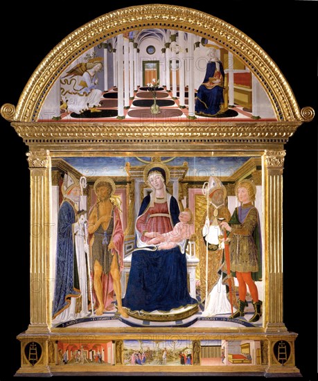 Madonna with Child and Saints Blaise, John the Baptist, Nicholas and Florian. The Annunciation, 1462. Artist: Lorenzo di Pietro (Vecchietta) (1410-1480)