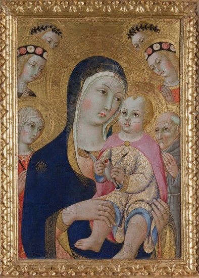 Madonna with Child, Saints Apollonia and Bernardino and four angels, ca 1460. Artist: Sano di Pietro (1406-1481)