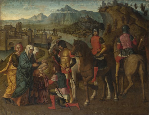 Coriolanus persuaded by his Family to spare Rome, c. 1500. Artist: Michele da Verona (1470-1536/44)