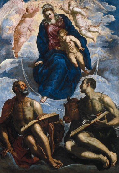 Mary with the Child, Venerated by Saint Mark and Saint Luke, before 1570. Artist: Tintoretto, Jacopo (1518-1594)