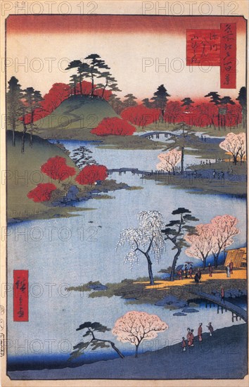 Open Garden at the Hachiman Shrine in Fukagawa. (One Hundred Famous Views of Edo), c. 1858. Artist: Hiroshige, Utagawa (1797-1858)