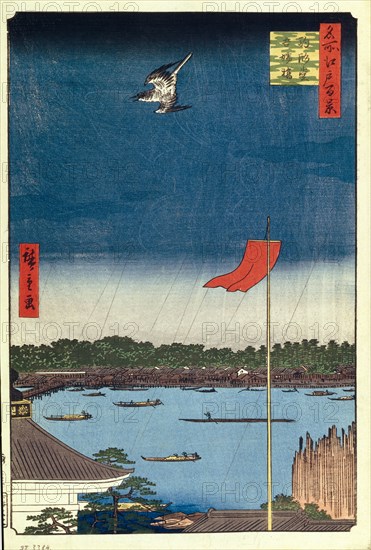 Komakata Hall and Azuma Bridge (One Hundred Famous Views of Edo), 1856-1858. Artist: Hiroshige, Utagawa (1797-1858)