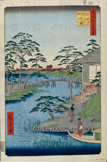 Mokuboji Temple and Vegetable Fields on Uchigawa Inlet (One Hundred Famous Views of Edo), 1856-1858. Artist: Hiroshige, Utagawa (1797-1858)